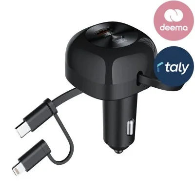 Choetech PD45W USB-C+USB-A  Car Charger with C+L Interface Stretchable Cable - Black